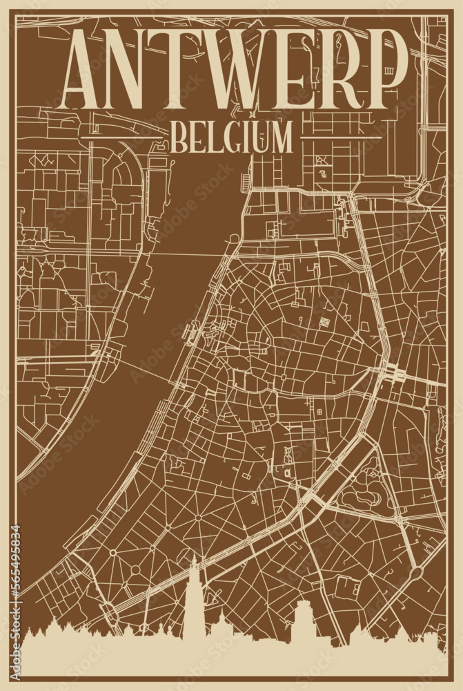 Obraz premium Brown hand-drawn framed poster of the downtown ANTWERP, BELGIUM with highlighted vintage city skyline and lettering