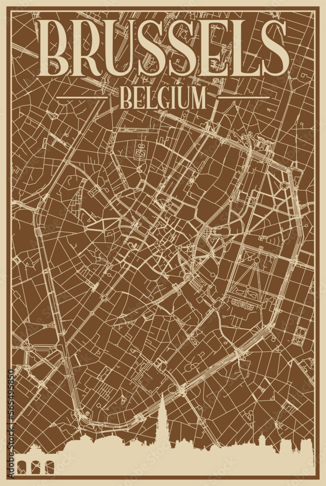 Obraz premium Brown hand-drawn framed poster of the downtown BRUSSELS, BELGIUM with highlighted vintage city skyline and lettering