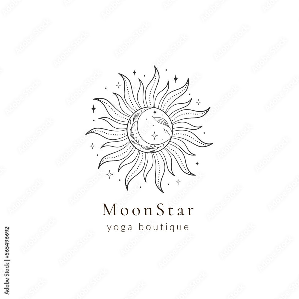 Minimal bohemian vector logo design, Boho sun and moon logo, sun line art vector Minimal bohemian vector logo design, Boho sun and moon logo, sun line art vector