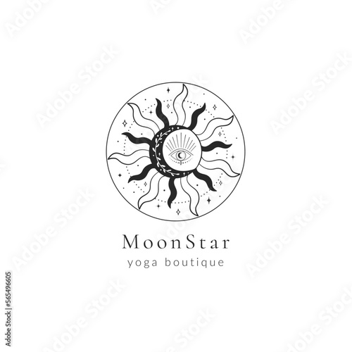 Minimal bohemian vector logo design, Boho sun and moon logo, sun line art vector