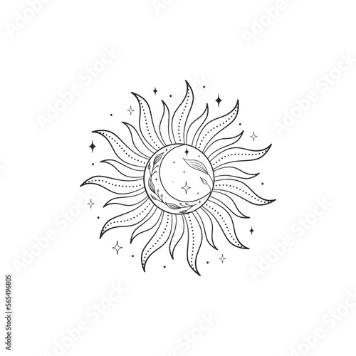 Minimal celestial vector design, Boho sun and moon symbol, illustration