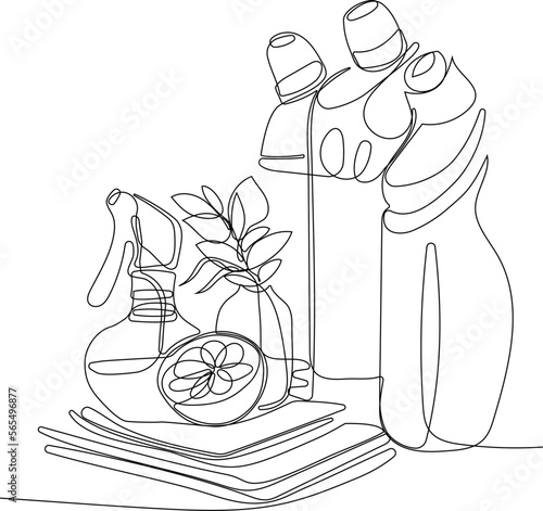 Continuous one line drawing of bottles for liquid laundry detergent, bleach, fabric softener, dishwashing liquid or another cleaning agent. Easy to place your text and brand logo. Vector illustration