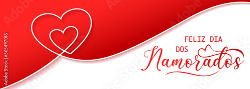 cartão ou banner para desejar um feliz dia dos namorados em vermelho com dois corações brancos sobre fundo vermelho e branco e uma fita vermelha formando um coração photo
