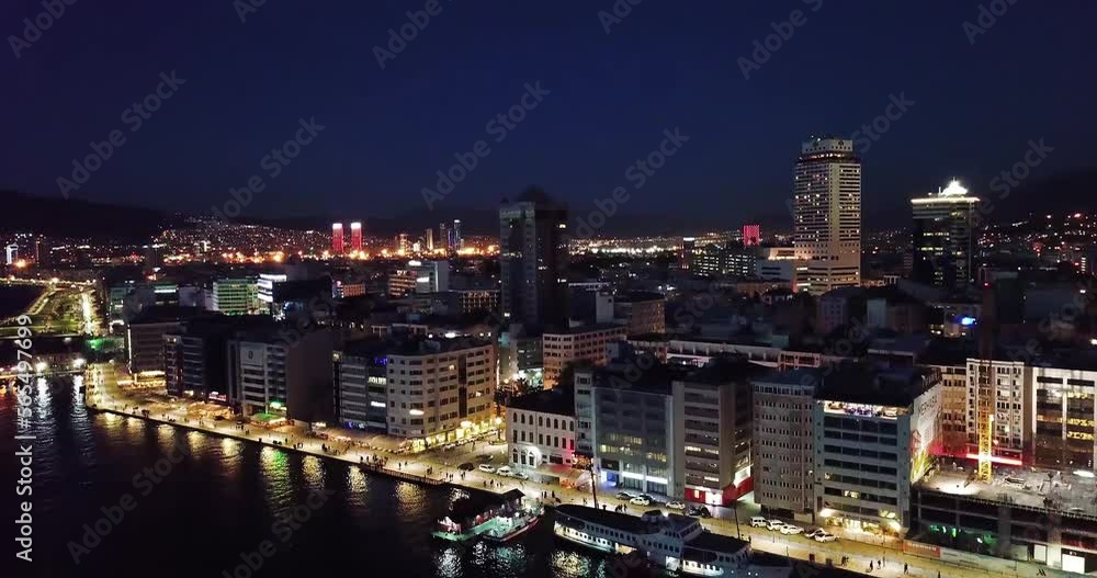Night drone view of Izmir Alsancak coast and city Night drone view of Izmir Alsancak coast and city