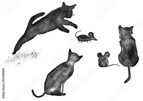 watercolor cats with mouse on white background. illustration set Hand-drawn illustration.