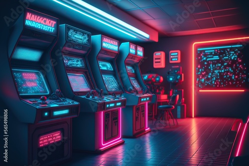 retro Arcade Machin room, a synthwave hall with Arcade Machin ,80s vibes ,cyberpunk colored futuristic,high definition, soft lighting, ambient light,Generative ai	
