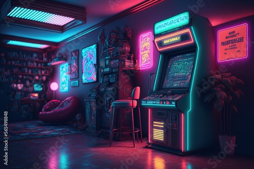 retro Arcade Machin room, a synthwave hall with Arcade Machin ,80s vibes ,cyberpunk colored futuristic,high definition, soft lighting, ambient light,Generative ai 