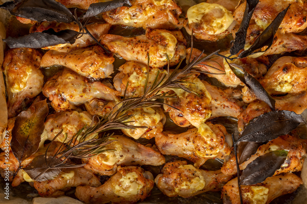 Oven Baked Chicken Wings. Chicken wings baked in oven. With bay leaves and rosemary