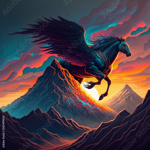 A painting of an imaginary black arabian horse flying with a dragon's wings over the mountains with a sunset sky- synthwave, yosemite,theme-generative ai © TopArtStock
