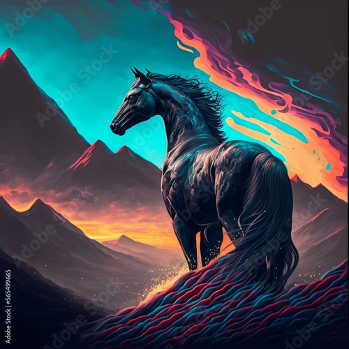 A painting of a black arabian muscular horse standing in the ski over mountains under a colorful sky- synthwave theme-generative ai © TopArtStock