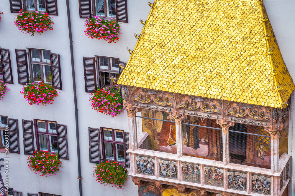 Close-up of the ornate golden roof in Innsbruck at springtime, Austria
