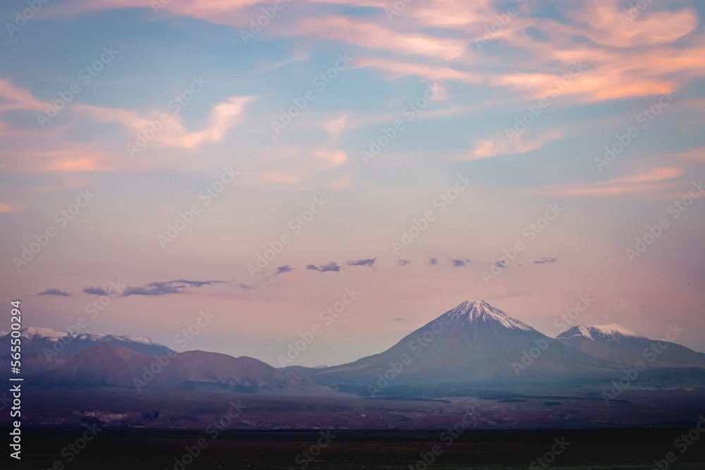 Licancabur and dramatic volcanic landscape at Sunset, Atacama Desert, Chile