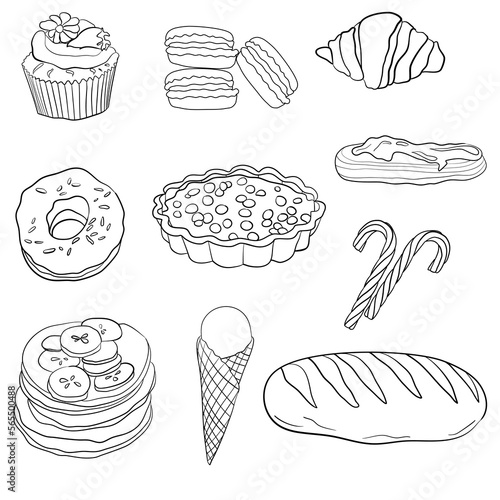 Desserts and pastries in doodle technique vector illustration 