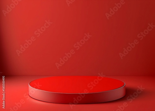 Red product display showcase, empty podium for mockup, round pedestal with plain background, 3d illustration template