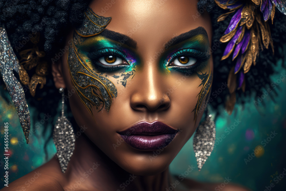 Closeup portrait of a young, black woman on carnival - Generative AI Closeup portrait of a young, black woman on carnival - Generative AI