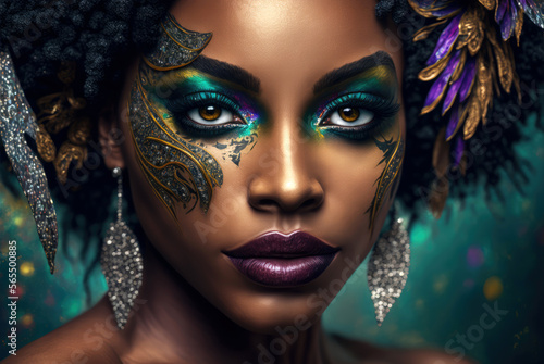 Closeup portrait of a young  black woman on carnival - Generative AI