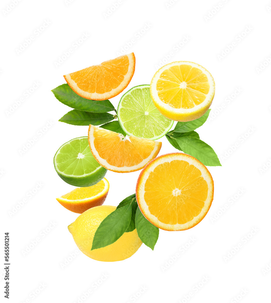 Different fresh citrus fruits and green leaves falling on white background