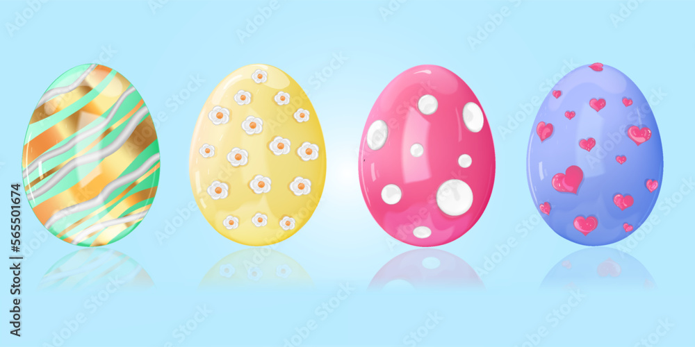 Set of glossy Easter eggs. Bright 3d eggs for your resources. Vector 3D graphics in high quality