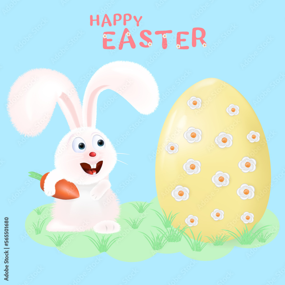 Easter Bunny with a carrot looks at a big egg. Postcard - congratulations on Easter. 3d vector Easter Bunny with a carrot looks at a big egg. Postcard - congratulations on Easter. 3d vector