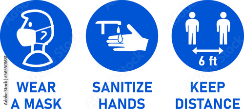 Round Instruction Signs with Basic Set of Measures against the Spread of Coronavirus Covid-19 including Wear a Mask, Sanitize Hands and Keep Distance 6 ft or 6 Feet. Vector Image.	
