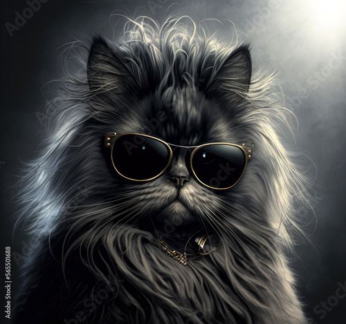 Black, Heavy Metal Cat with sunglasses - Generative AI photo