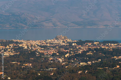 Corfu island view from Kaiser's Throne observation deck lookout, Pelekas village, Greece, Kaiser William II summit Observatory panoramic summer view with mountains, sea and Kerkyra in a background photo