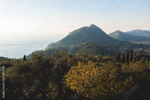 Corfu island view from Kaiser s Throne observation deck lookout  Pelekas village  Greece  Kaiser William II summit Observatory panoramic summer view with mountains  sea and Kerkyra in a background