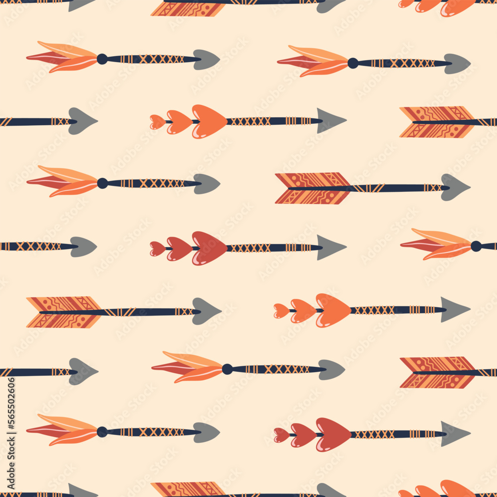 Seamless pattern with arrows and feathers for Valentine's day. Background for fabric design, wallpaper, wrapping paper and other printing. Design for a greeting card, invitation and print.