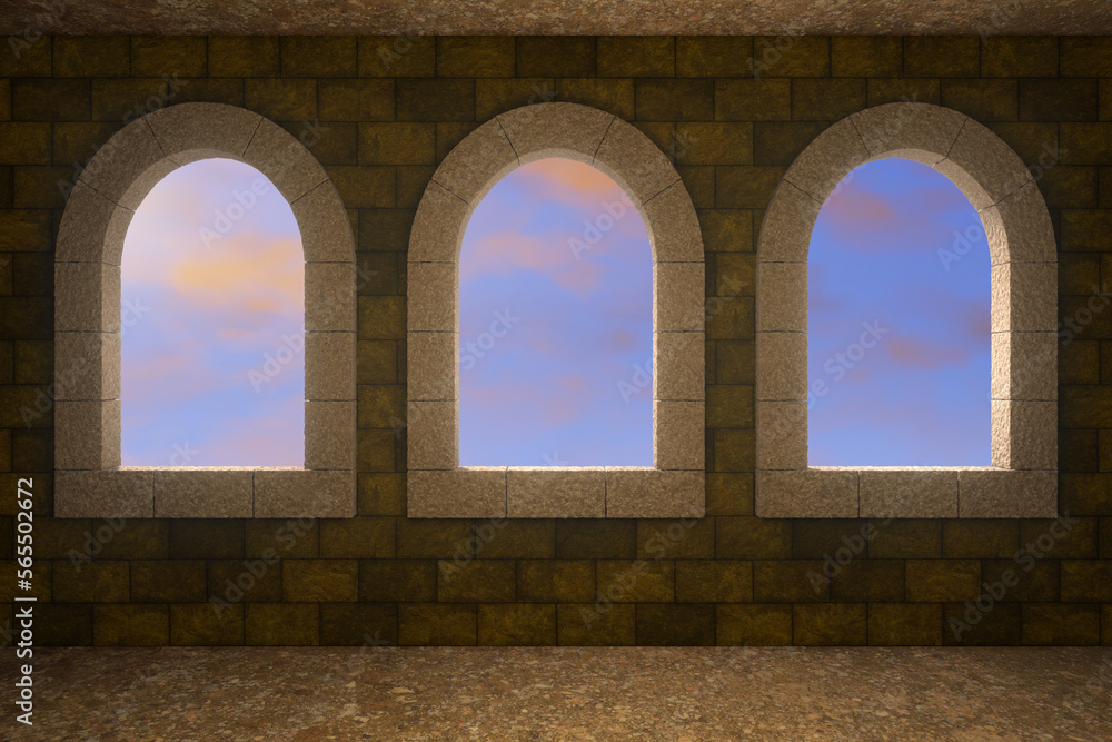 Backdrop of a wall with three windows with semicircular arches on a sky with soft twilight lighting. Atmosphere of an ancient castle, palace, or medieval architecture. 3D Rendering