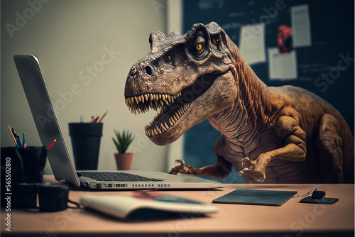 T Rex dinosaur, Tyrannosaurus rex in the room concept. Big aggressive dino is in an office settings sitting at a desk with a laptop and computer working, taking care of business.  . Generative ai © touchedbylight