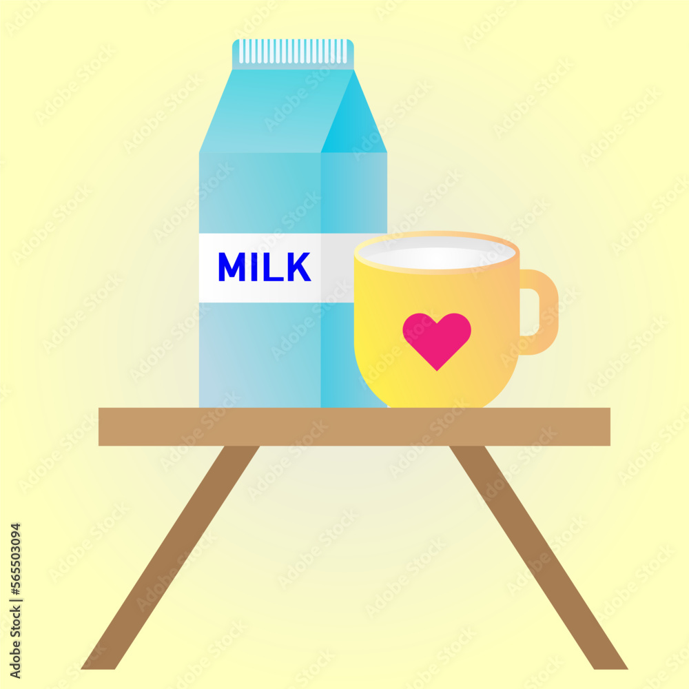 Illustrator vector of a box of milk and mug with milk on the table. Illustrator vector of a box of milk and mug with milk on the table.