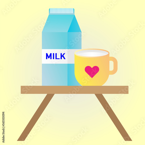 Illustrator vector of  a box of milk and mug with milk on the table.