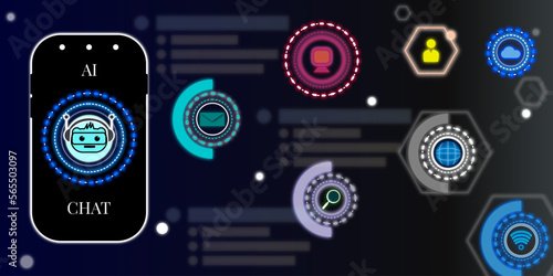  Chat GPT Chat with AI or Artificial Intelligence Smart AI or Artificial Intelligence vector. Support mail search wireless person and other service. Mobile technology background.