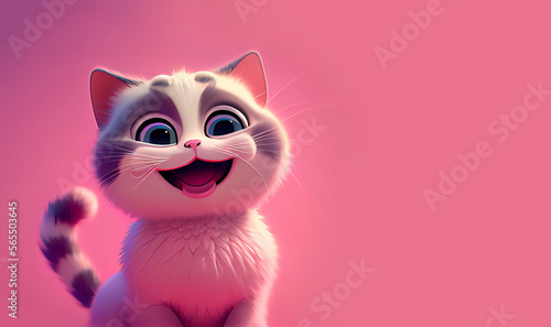 Cute smiling cat cartoon character on pink pastel background. Generative AI.
