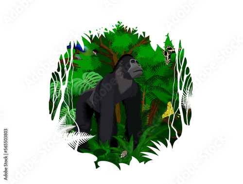 Vector sticker - tropical rainforest Jungle with male gorilla, Hartlaub's turaco, Goliath beetle and butterflies