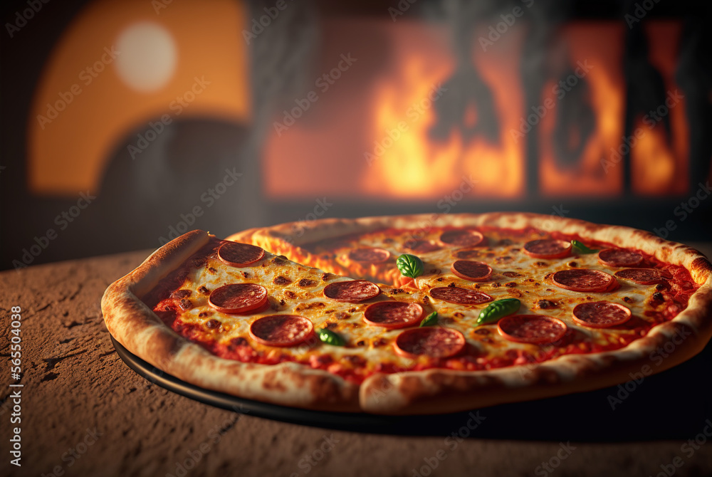 Pizza in a pan close-up, Italian cooked pepperoni pizza with steam and fire, generative AI