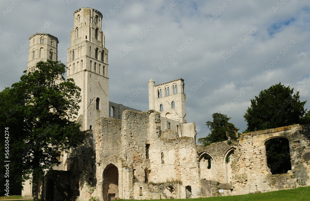 Front View Of The Ruin Of The JumiÃ¨ges Abbey In Normandy France On A Beautiful Sunny Summer Day With A Few Clouds In The Sky