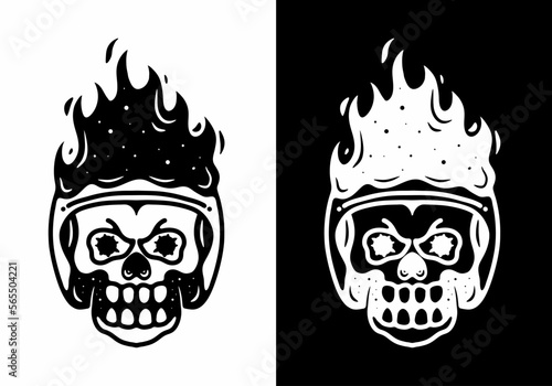 Black and white tattoo design of skull wearing helmet