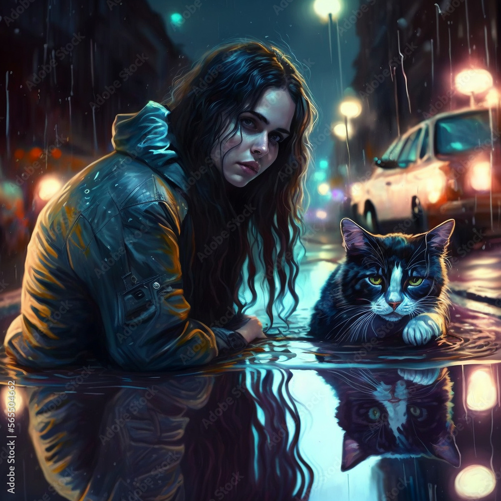 Long Haired Brunette Girl Woman Lays Down to help Large Cat in City Streets in the Flooding Rain
