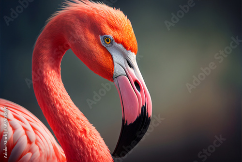 Pink flamingo close up portrait. Generative AI