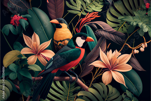 Tropical wallpaper background with plants and birds. Generative AI