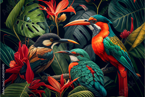 Tropical wallpaper background with plants and birds. Generative AI