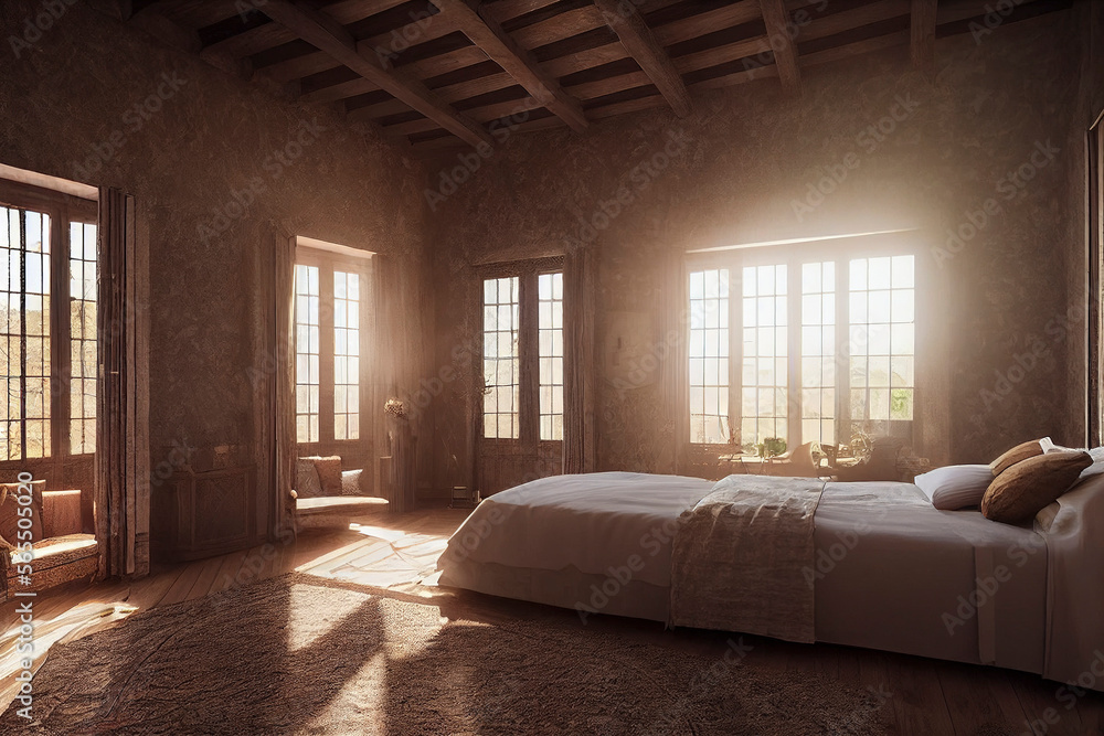 Beautiful Luxurious Spanish style primary room interior with minimal staged furniture at golden hour made with generative ai