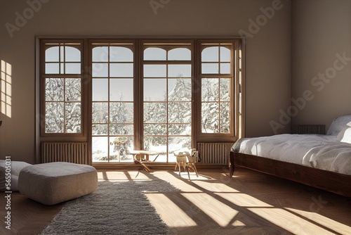 Luxurious Cozy Winter Modern Spanish style primary room interior with minimal staged furniture with large windows direct sunlight daylight made with generative ai