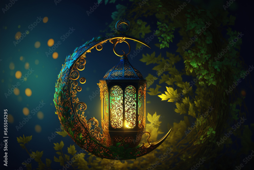 A golden lantern hanging in front of a dark blue night sky, lit by a crescent moon during Ramadan.