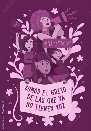 Ilustración mujeres latinas marchando el día de la mujer con pancartas y consignas del movimiento feminista.