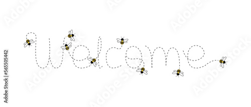 Bee welcome icon set. welcome shaped dotted bee trail. yellow bee. bee fliying with dotted trail.
