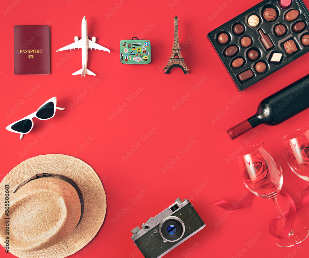 Composition of Valentines day background made of souvenir symbol location or landmark of place for traveler at Paris France. Minimal concept love. Creative art, minimal aesthetics. Top view. Flat lay Composition of Valentines day background made of souvenir symbol location or landmark of place for traveler at Paris France. Minimal concept love. Creative art, minimal aesthetics. Top view. Flat lay