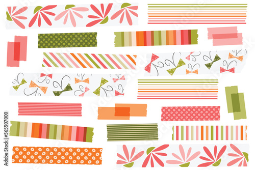 Spring, Summer washi tape strips. Masking or adhesive tape strips, stickers, or labels. EPS file has global colors for easy color changes and semitransparent tape strips.
