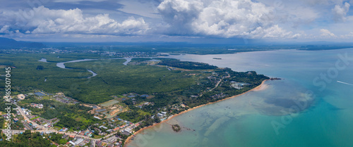 Panoramic aerial view of Andaman Sea coastline between Railay bay and Krabi town. Thailand.